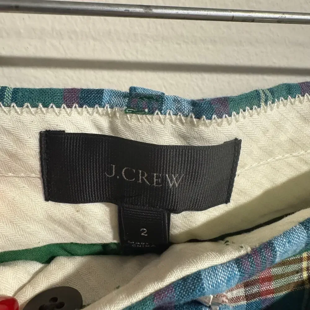 J.Crew Womens Green White Red Plaid Pleated Belted Dress Shorts Size 2 XS